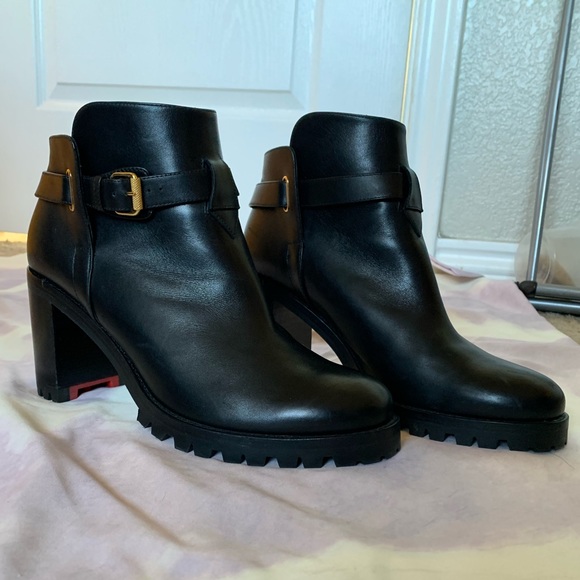 Christian Louboutin Lug Sole Black Leather Booties with Gold Hardware - Picture 4 of 13